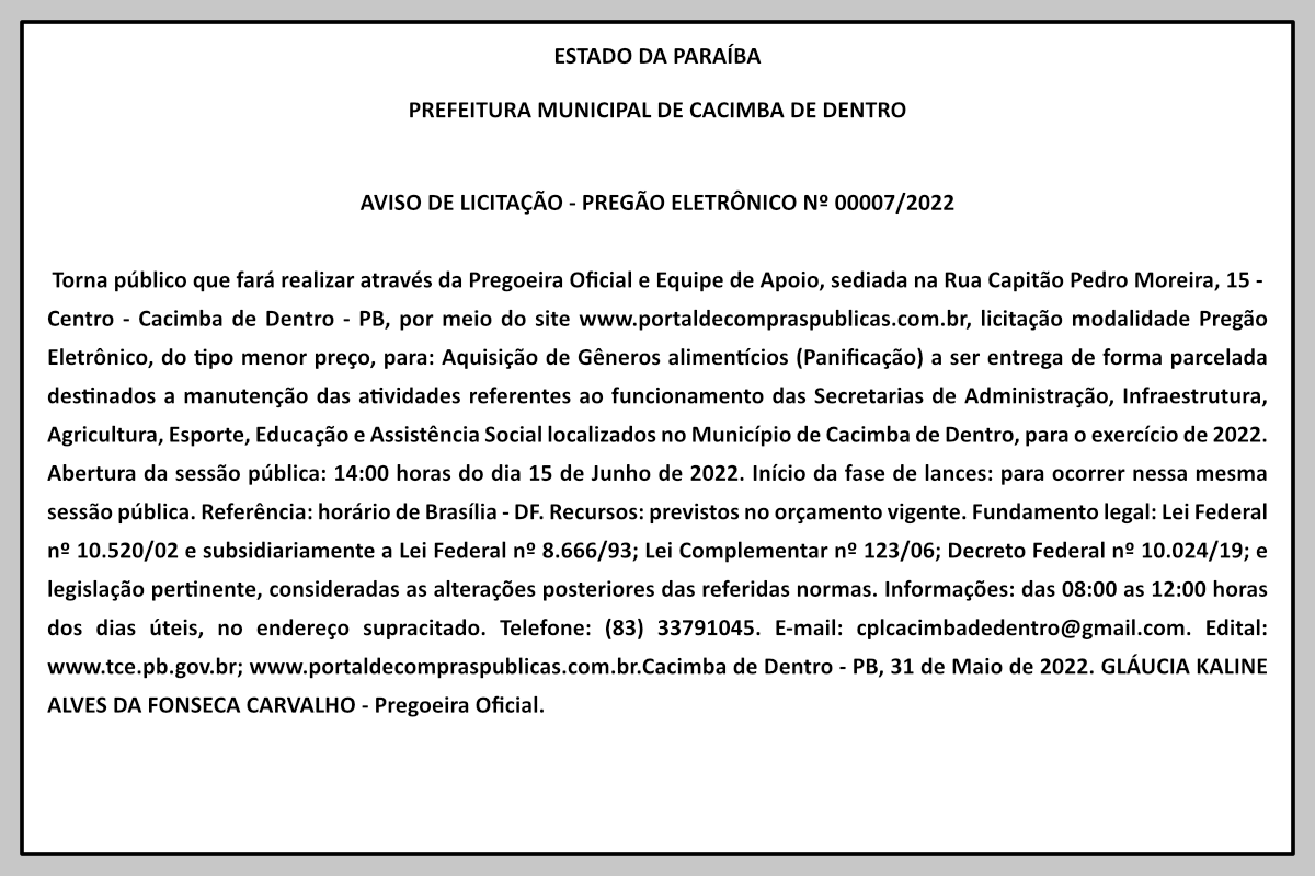 PREFEITURA MUNICIPAL DE CACIMBA DE DENTRO – AVISO DE LICITAÇÃO – PREGÃO ELETRÔNICO Nº 00007/2022