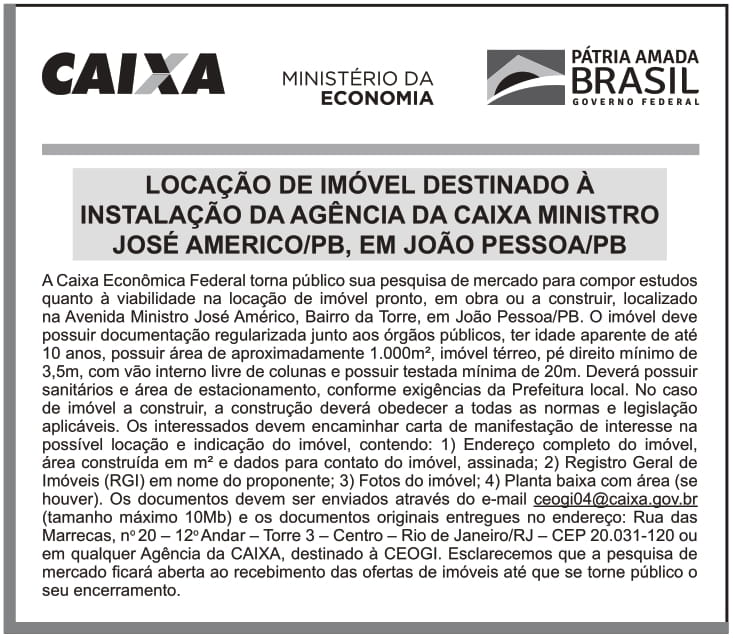 CAIXA ECONÔMICA FEDERAL – DF – BRASILIA – LOCAÇÃO DE IMÓVEL DESTINADO À INSTALAÇÃO DA AGÊNCIA DA CAIXA MINISTRO JOSÉ AMÉRICO/PB, EM JOÃO PESSOA/PB