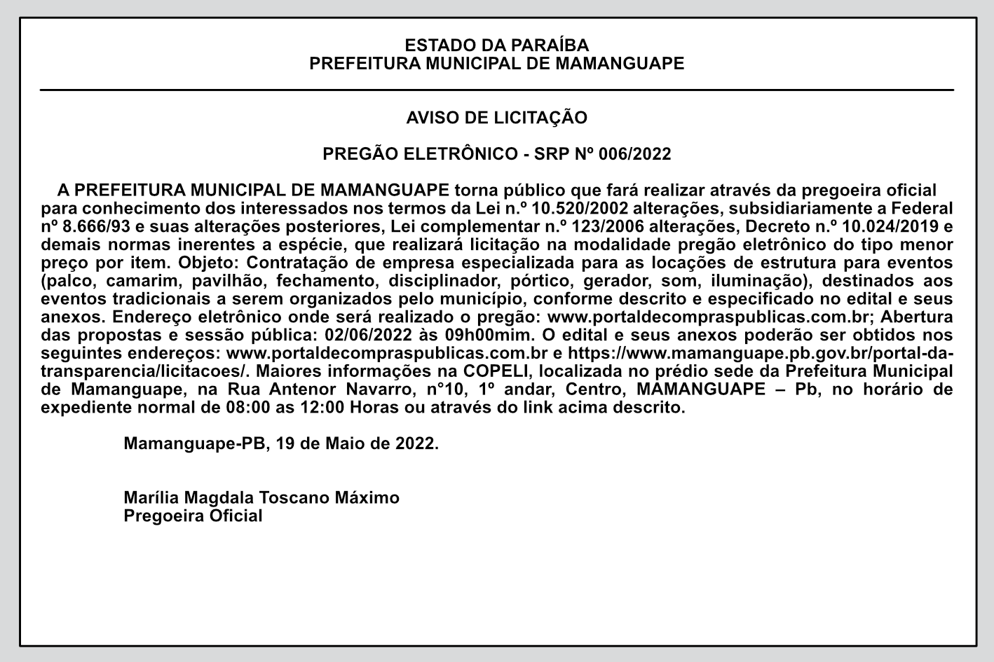 PREFEITURA MUNICIPAL DE MAMANGUAPE – AVISO DE LICITAÇÃO – PREGÃO ELETRÔNICO-SRP Nº 006/2022