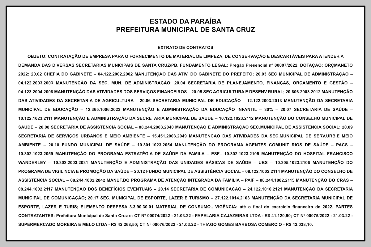 PREFEITURA MUNICIPAL DE SANTA CRUZ  – EXTRATO DE CONTRATOS