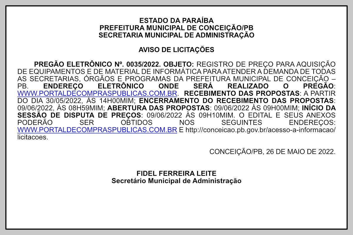 PREFEITURA MUNICIPAL DE CONCEIÇÃO/PB – AVISO DE LICITAÇÕES – PREGÃO ELETRÔNICO Nº. 0035/2022.