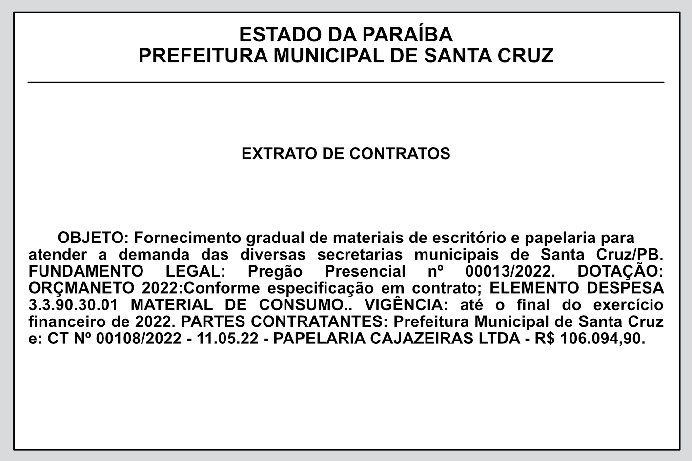 PREFEITURA MUNICIPAL DE SANTA CRUZ – EXTRATO DE CONTRATOS