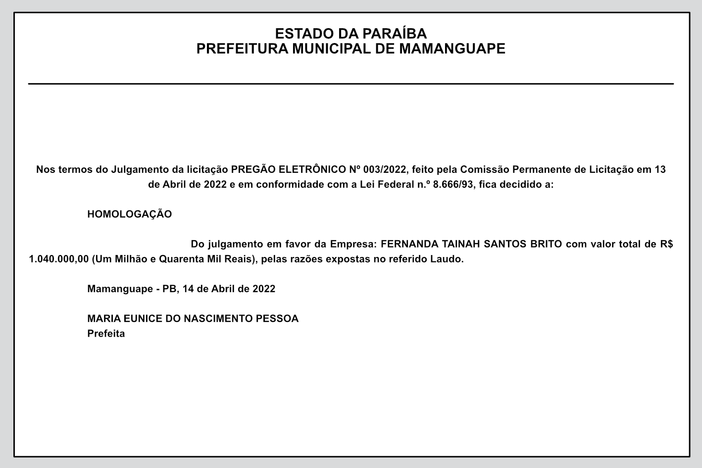 PREFEITURA MUNICIPAL DE MAMANGUAPE – COMISSÃO PERMANENTE DE LICITAÇÃO – HOMOLOGAÇÃO