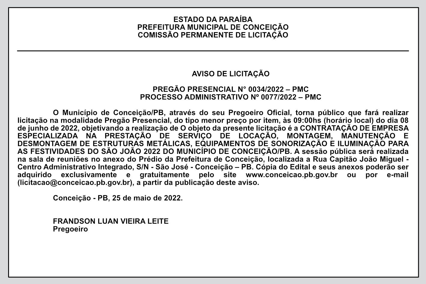 PREFEITURA MUNICIPAL DE CONCEIÇÃO – AVISO DE LICITAÇÃO – PREGÃO PRESENCIAL N° 0034/2022 – PMC