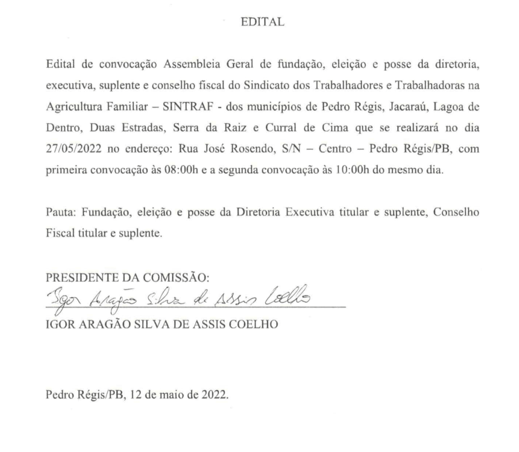 SINTRAF – EDITAL DE CONVOCAÇÃO DE ASSEMBLEIA GERAL