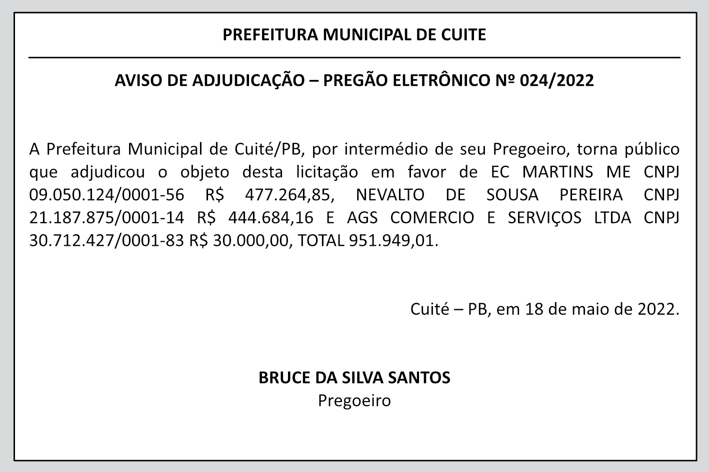 PREFEITURA MUNICIPAL DE CUITÉ  – AVISO DE ADJUDICAÇÃO – PREGÃO ELETRÔNICO Nº 024/2022