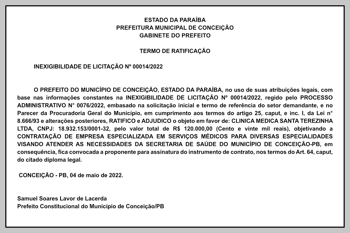 PREFEITURA MUNICIPAL DE CONCEIÇÃO – TERMO DE RATIFICAÇÃO  – INEXIGIBILIDADE DE LICITAÇÃO Nº 00014/2022