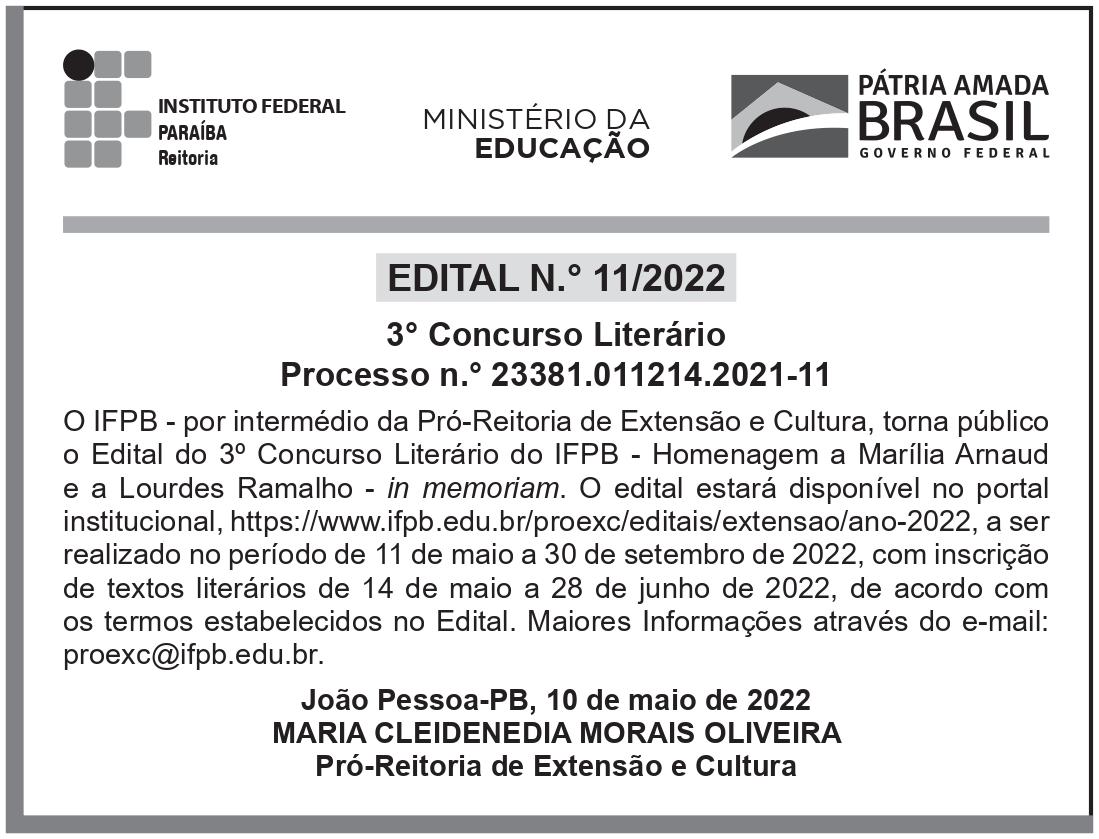 IFPB – PB – JOÃO PESSOA – REITORIA – EDITAL nº 11/2022 – 3º Concurso Literário