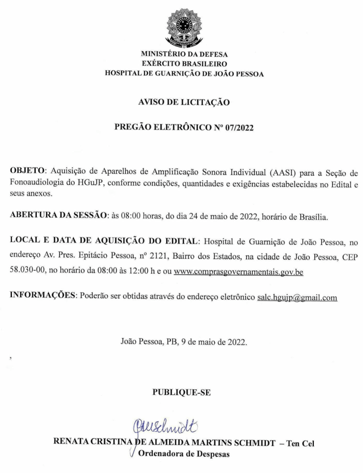 HOSPITAL DE GUARNIÇÃO DE JOÃO PESSOA – AVISO DE LICITAÇÃO – PREGÃO ELETRÔNICO Nº 07/2022