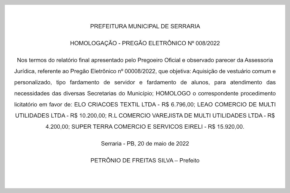 PREFEITURA MUNICIPAL DE SERRARIA – HOMOLOGAÇÃO – PREGÃO ELETRÔNICO Nº 008/2022