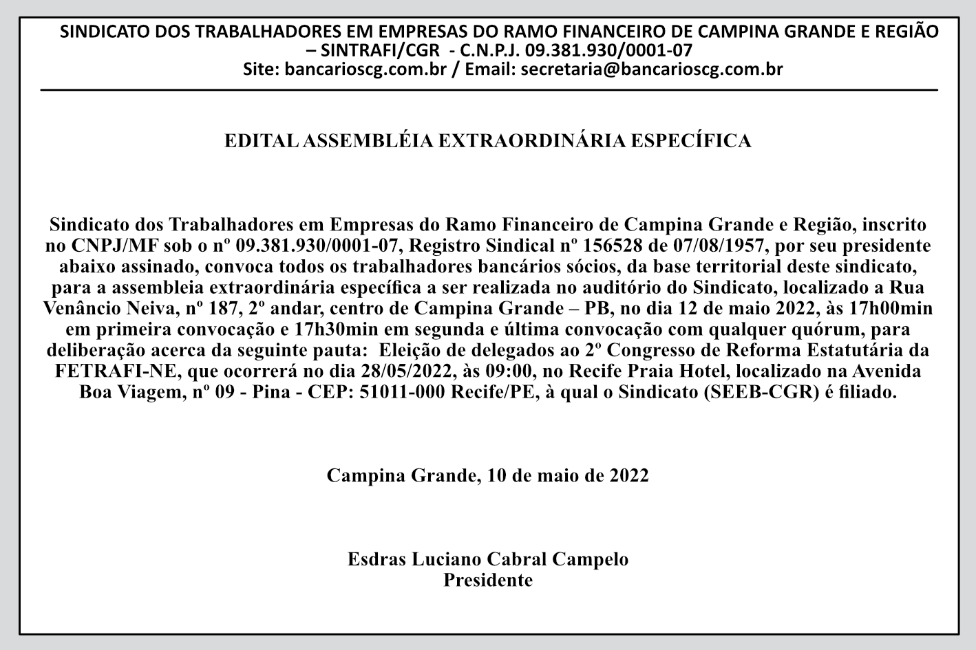 SINTRAFI/CGR – EDITAL ASSEMBLEIA EXTRAORDINÁRIA ESPECÍFICA