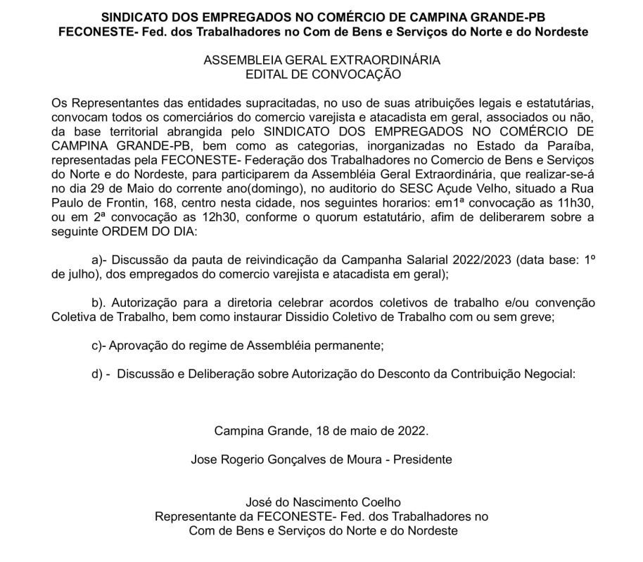 SINDICATO DOS EMPREGADOS NO COMÉRCIO DE CAMPINA GRANDE-PB / FECONESTE- ASSEMBLEIA GERAL EXTRAORDINÁRIA – EDITAL DE CONVOCAÇÃO