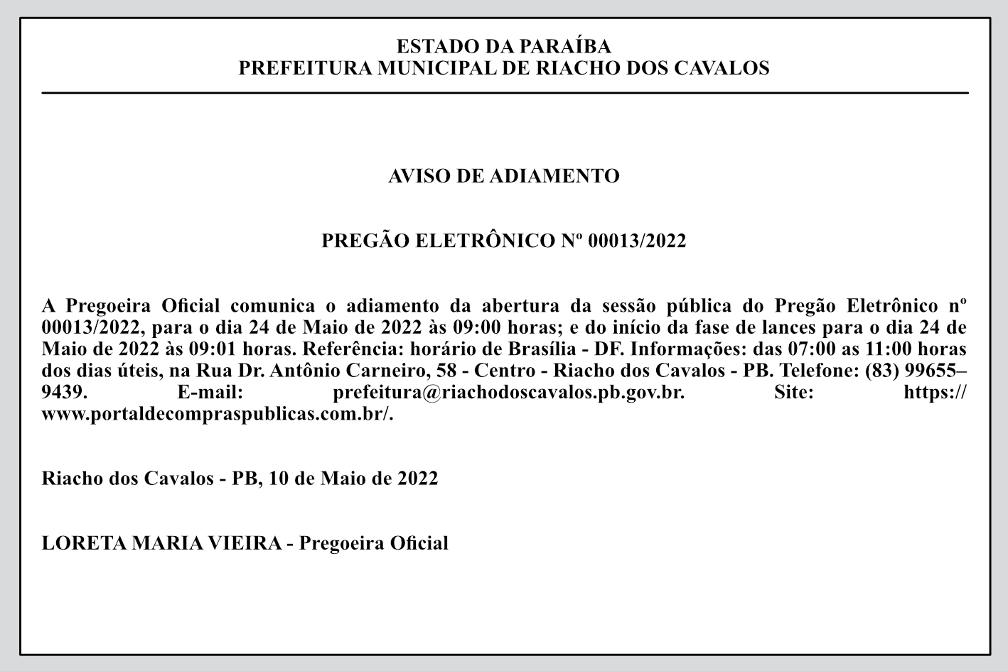 PREFEITURA MUNICIPAL DE RIACHO DOS CAVALOS – AVISO DE ADIAMENTO – PREGÃO ELETRÔNICO Nº 00013/2022