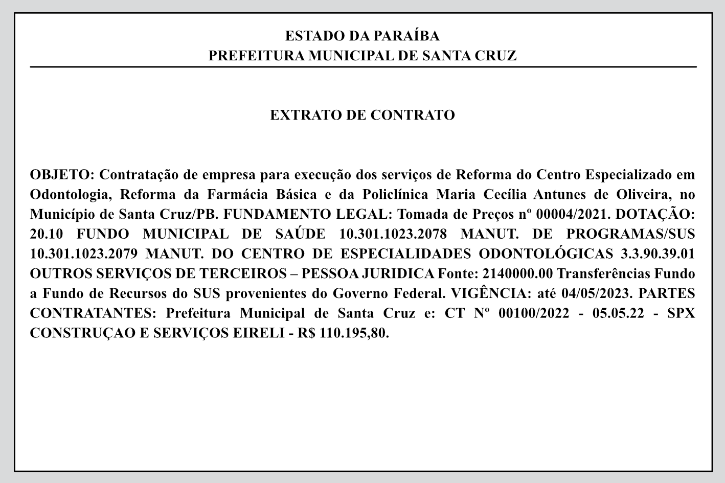 PREFEITURA MUNICIPAL DE SANTA CRUZ  – EXTRATO DE CONTRATO