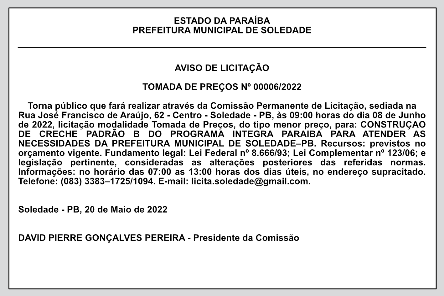 PREFEITURA MUNICIPAL DE SOLEDADE  – AVISO DE LICITAÇÃO – TOMADA DE PREÇOS Nº 00006/2022