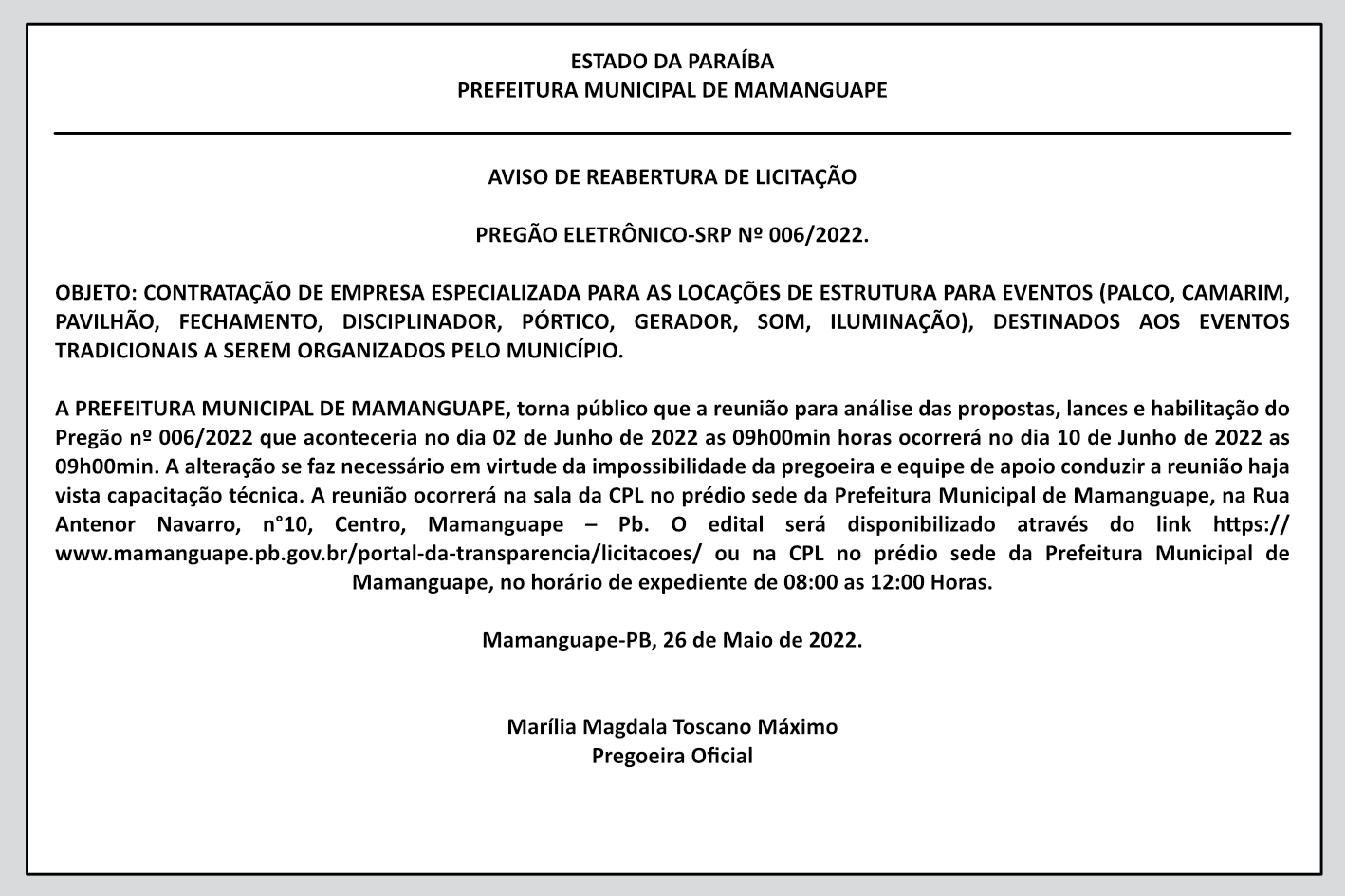 PREFEITURA MUNICIPAL DE MAMANGUAPE  – AVISO DE REABERTURA DE LICITAÇÃO – PREGÃO ELETRÔNICO-SRP Nº 006/2022.