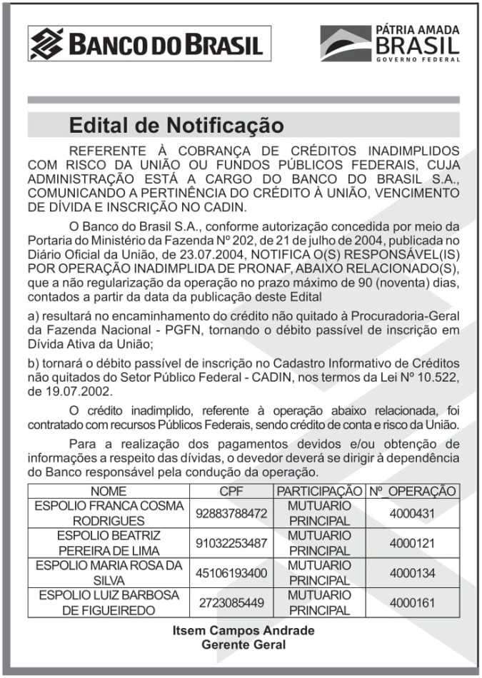BANCO DO BRASIL – DF – BRASÍLIA – EDITAL DE NOTIFICAÇÃO – ESPOLIO FRANCA COSMA RODRIGUES E OUTROS