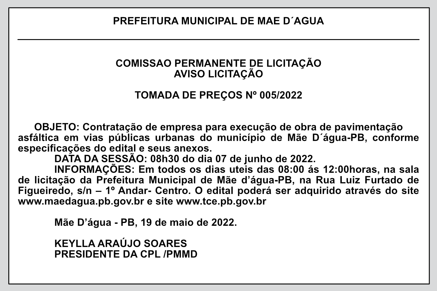 PREFEITURA MUNICIPAL DE MAE D’ÁGUA – AVISO LICITAÇÃO – TOMADA DE PREÇOS Nº 005/2022