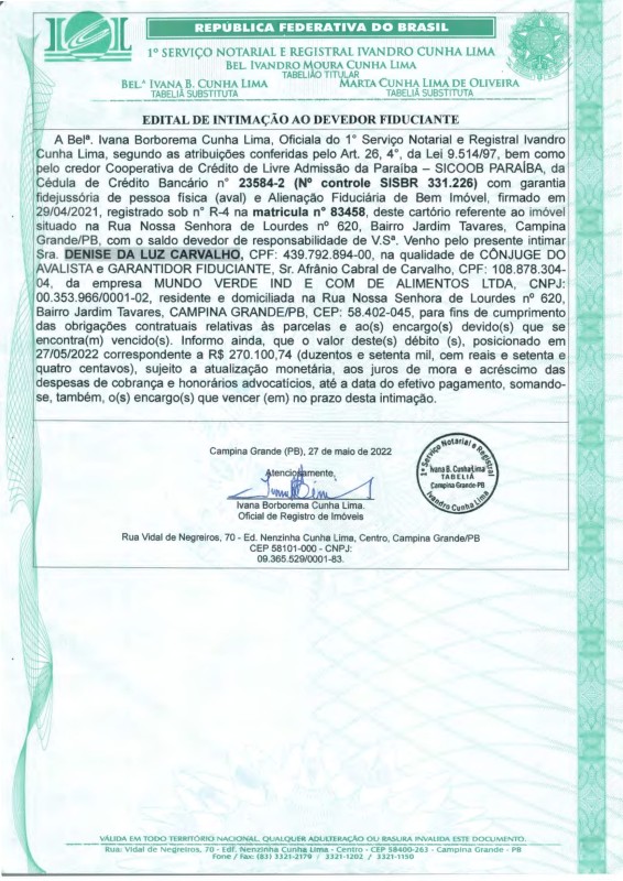 EDITAL DE INTIMAÇÃO AO DEVEDOR FIDUCIANTE