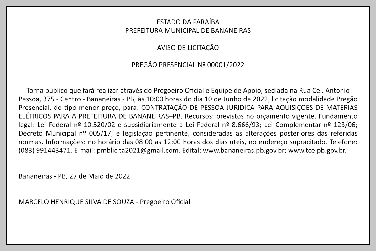 PREFEITURA MUNICIPAL DE BANANEIRAS – AVISO DE LICITAÇÃO – PREGÃO PRESENCIAL Nº 00001/2022