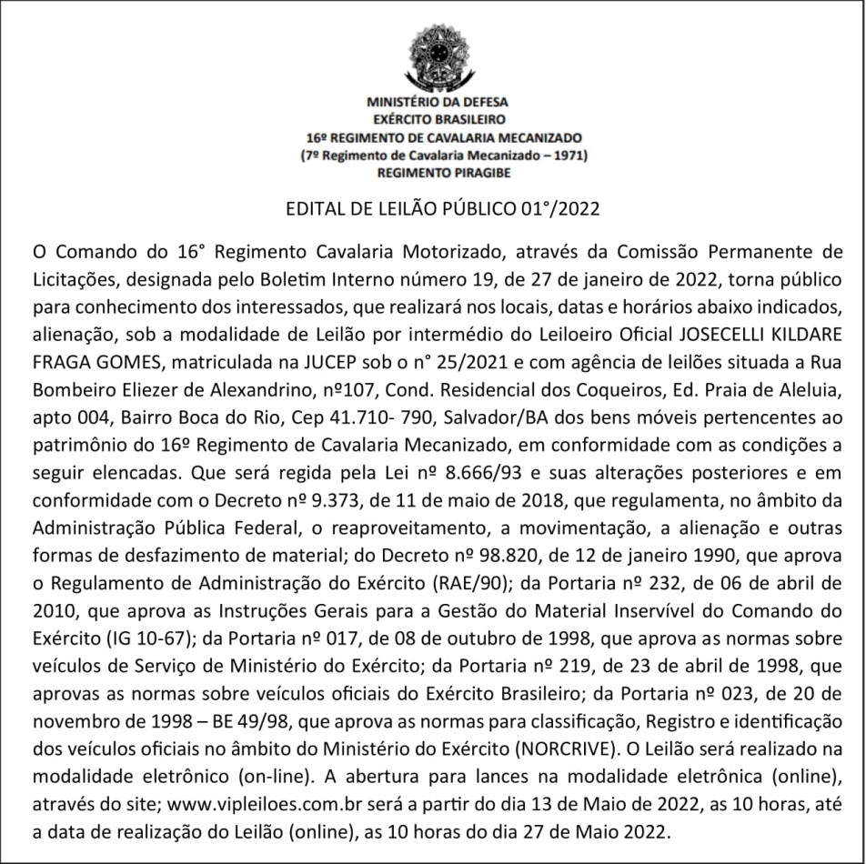 Comando do 16° Regimento Cavalaria Motorizado – Edital de Leilão Público Nº 01°/2022