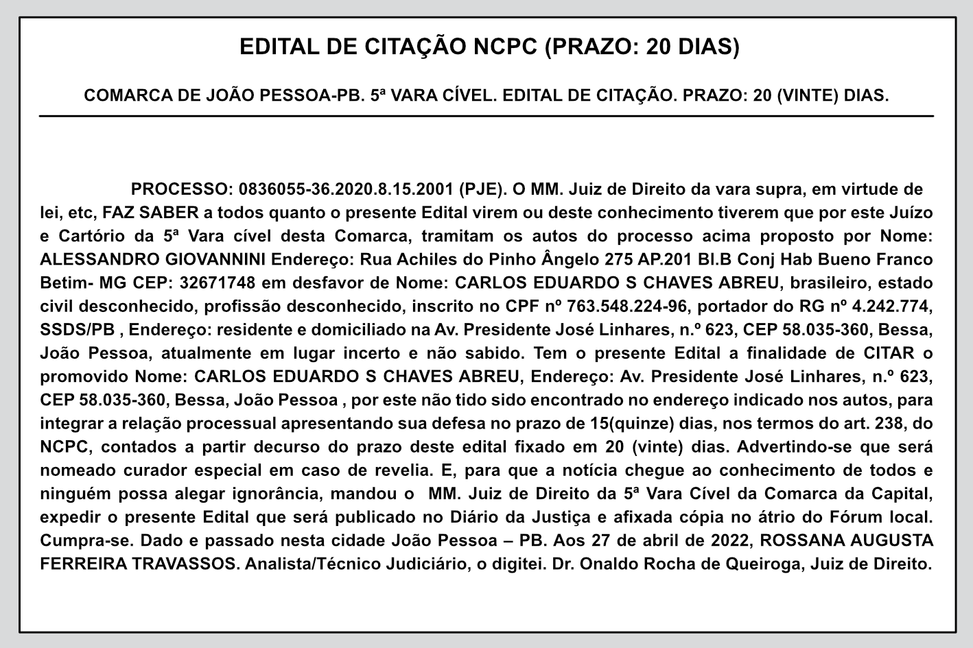 EDITAL DE CITAÇÃO NCPC – PROCESSO: 0836055-36.2020.8.15.2001 (PJE)