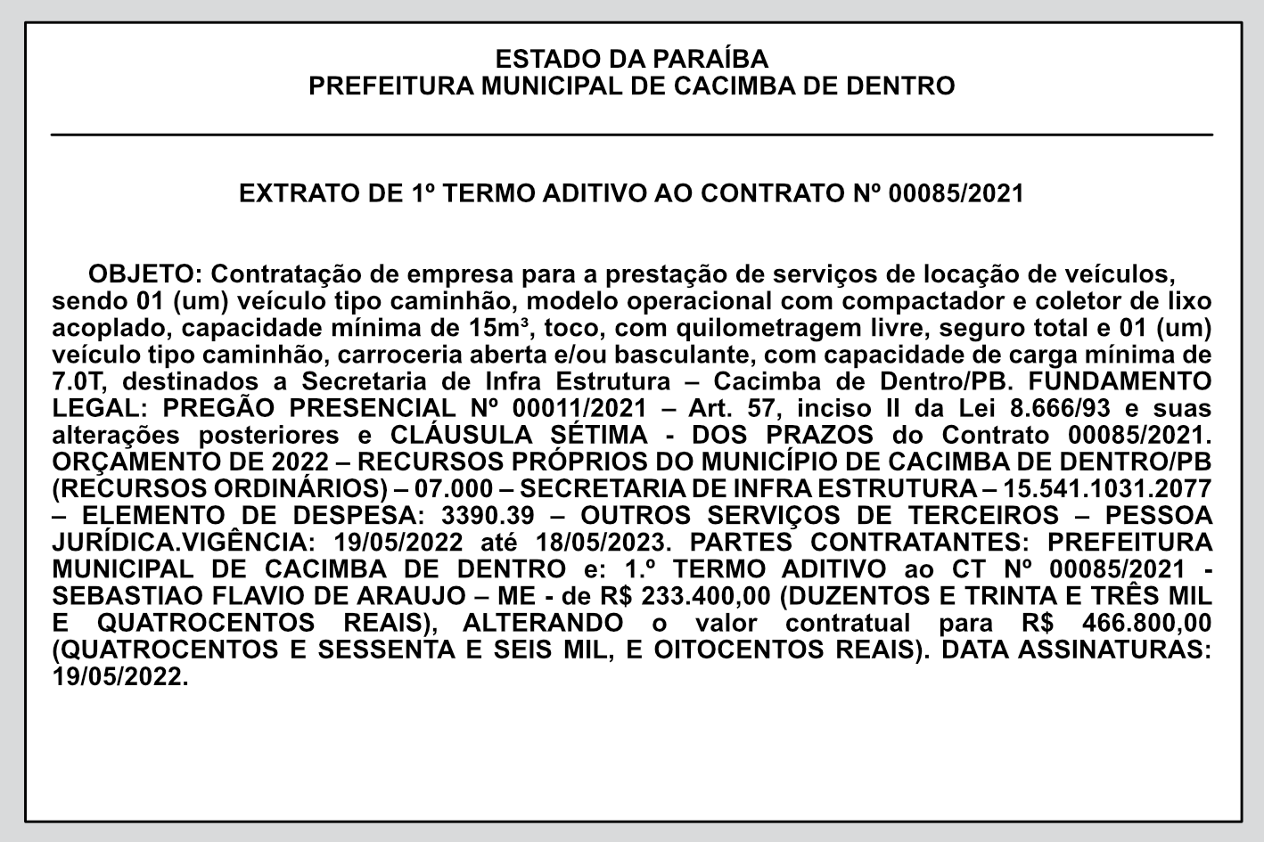 PREFEITURA MUNICIPAL DE CACIMBA DE DENTRO – EXTRATO DE 1º TERMO ADITIVO AO CONTRATO Nº 00085/2021