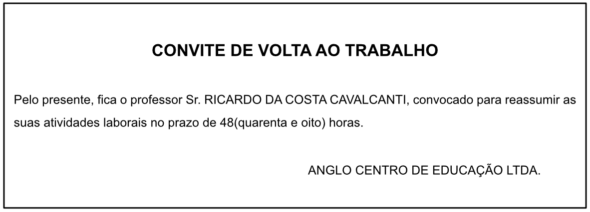CONVITE DE VOLTA AO TRABALHO