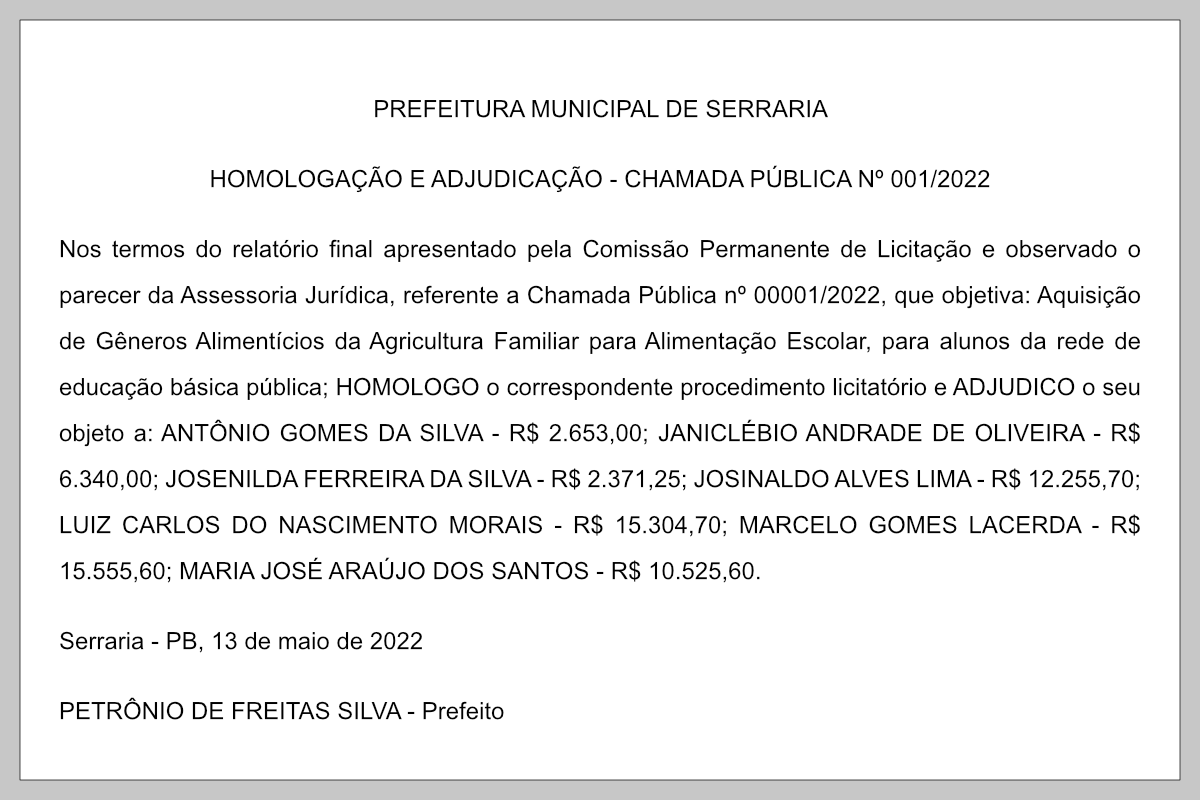 PREFEITURA MUNICIPAL DE SERRARIA –  HOMOLOGAÇÃO E ADJUDICAÇÃO – CHAMADA PÚBLICA Nº 001/2022