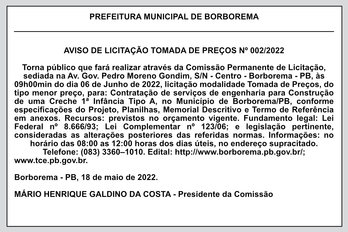 PREFEITURA MUNICIPAL DE BORBOREMA – AVISO DE LICITAÇÃO – TOMADA DE PREÇOS Nº 002/2022