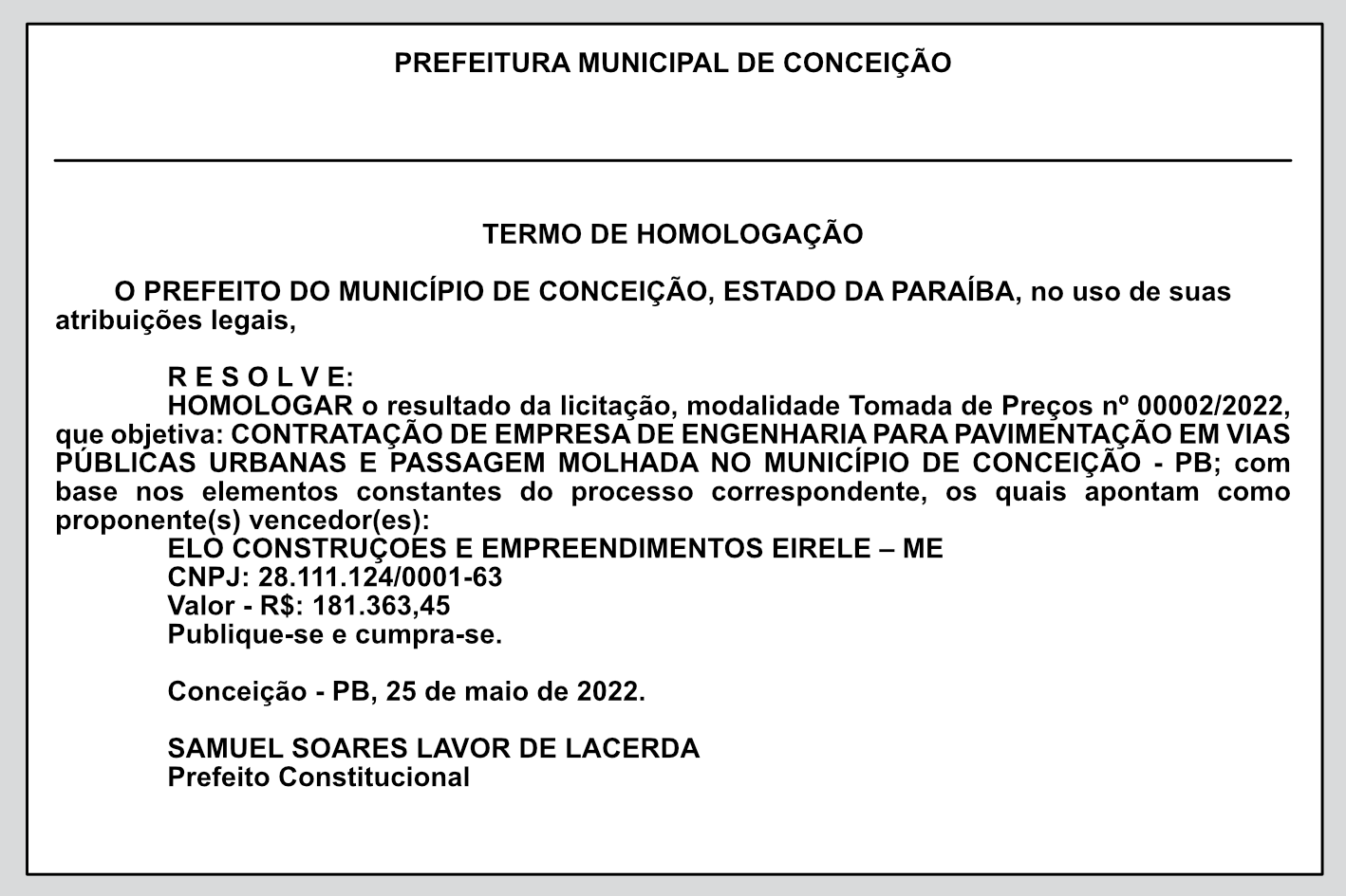PREFEITURA MUNICIPAL DE CONCEIÇÃO – TERMO DE HOMOLOGAÇÃO