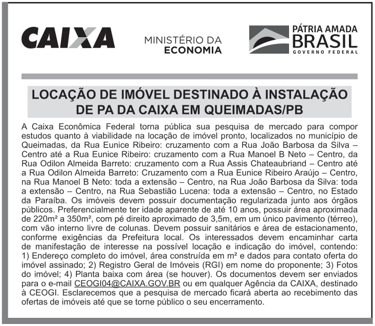 CAIXA ECONÔMICA FEDERAL – DF – BRASILIA – LOCAÇÃO DE IMÓVEL DESTINADO À INSTALAÇÃO DE PA DA CAIXA EM QUEIMADAS/PB