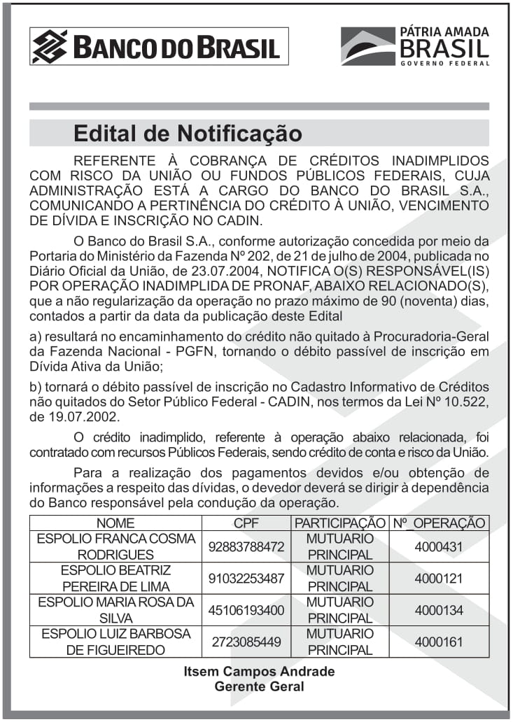 BANCO DO BRASIL – DF – BRASÍLIA – EDITAL DE NOTIFICAÇÃO – ESPOLIO FRANCA COSMA RODRIGUES E OUTROS