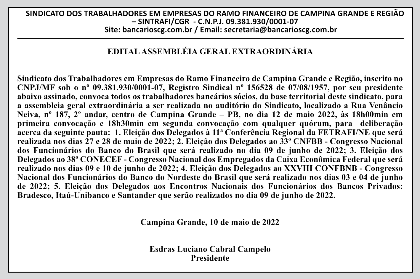 SINTRAFI/CGR – EDITAL ASSEMBLEIA GERAL EXTRAORDINÁRIA