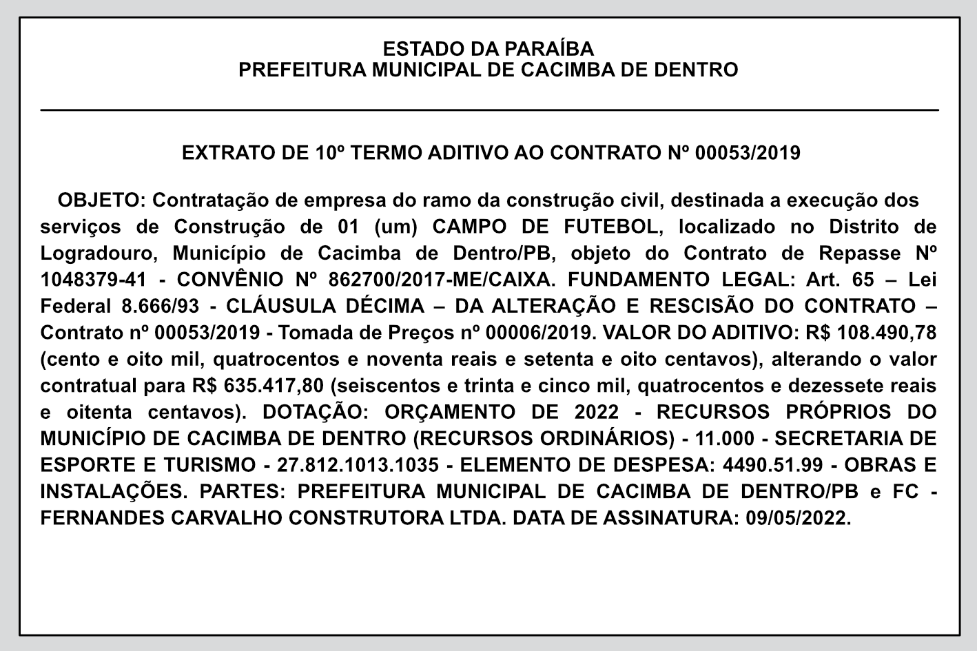 PREFEITURA MUNICIPAL DE CACIMBA DE DENTRO – EXTRATO DE 10º TERMO ADITIVO AO CONTRATO Nº 00053/2019