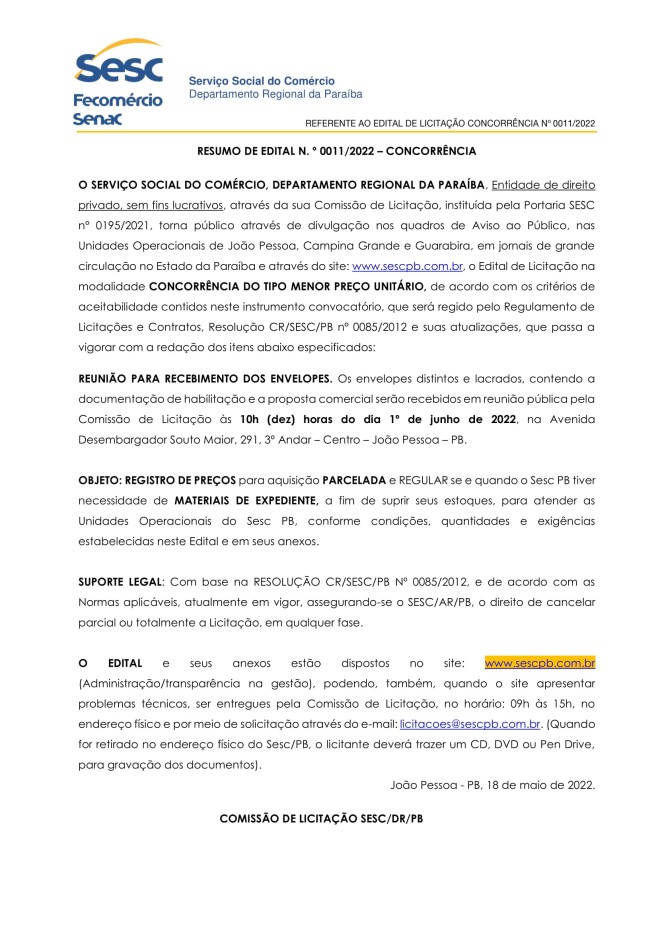 SESC – RESUMO DE EDITAL N.º 0011/2022 – CONCORRÊNCIA