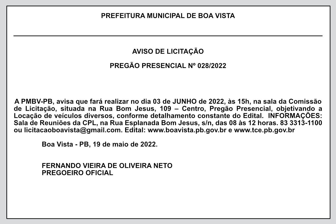 PREFEITURA MUNICIPAL DE BOA VISTA  – AVISO DE LICITAÇÃO – PREGÃO PRESENCIAL Nº 028/2022