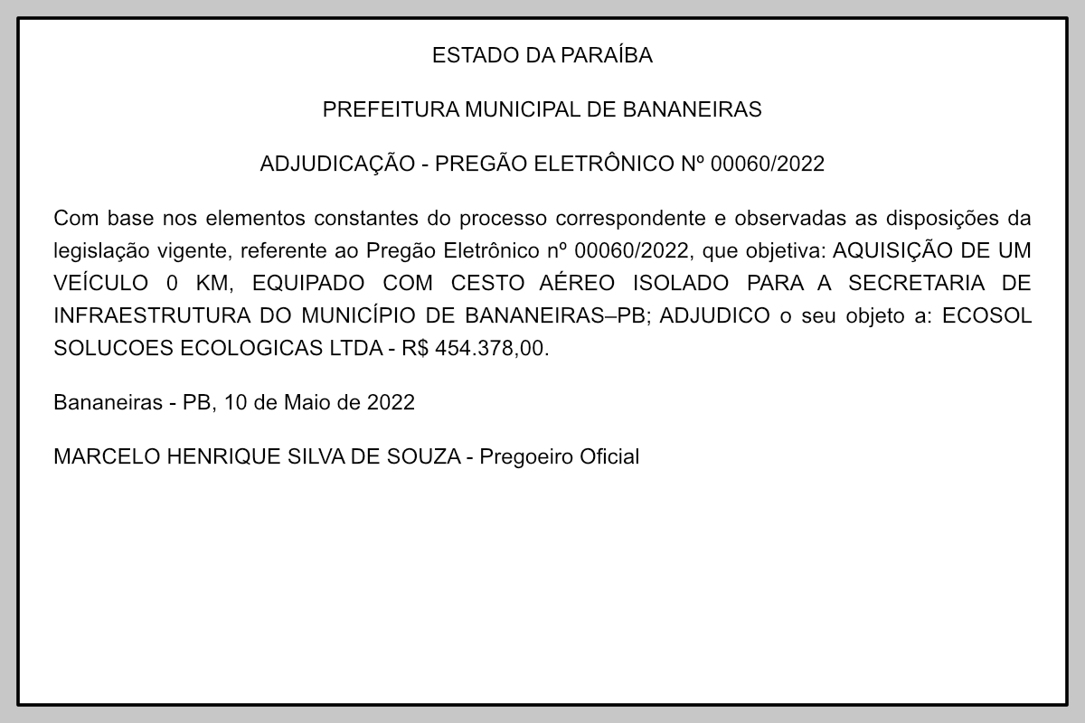 PREFEITURA MUNICIPAL DE BANANEIRAS – ADJUDICAÇÃO – PREGÃO ELETRÔNICO Nº 00060/2022