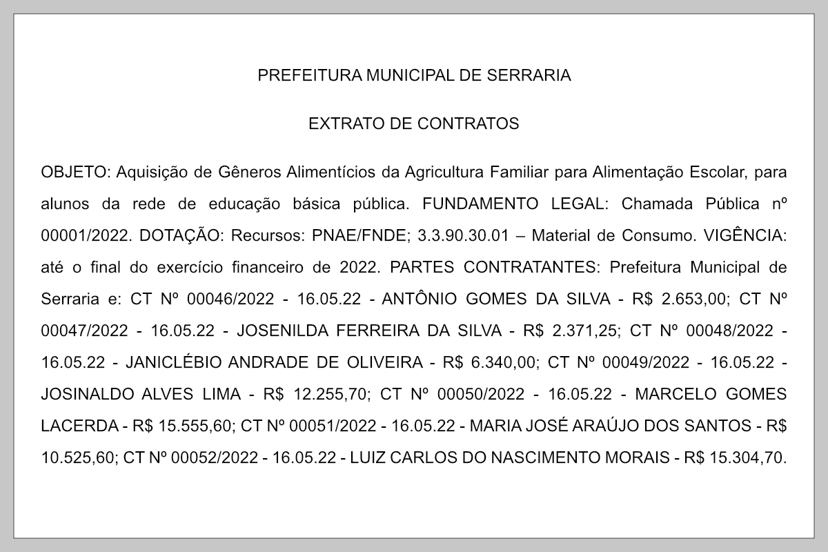 PREFEITURA MUNICIPAL DE SERRARIA – EXTRATO DE CONTRATOS