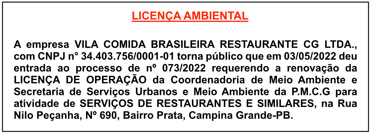 VILA COMIDA BRASILEIRA RESTAURANTE CG LTDA – LICENÇA AMBIENTAL