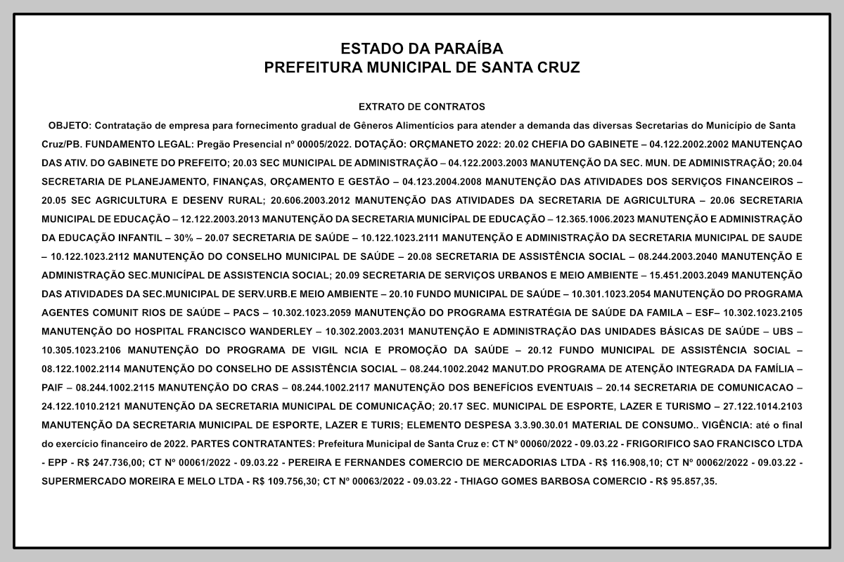 PREFEITURA MUNICIPAL DE SANTA CRUZ   –  EXTRATO DE CONTRATOS