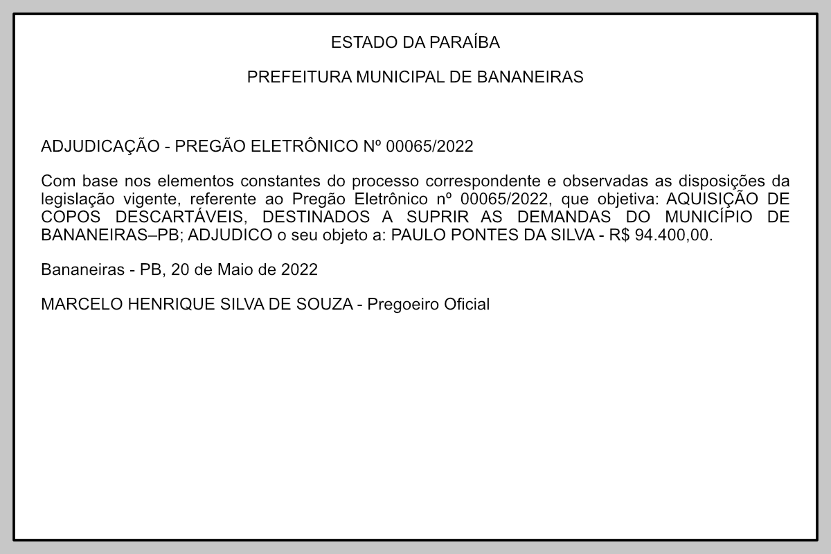 PREFEITURA MUNICIPAL DE BANANEIRAS – ADJUDICAÇÃO – PREGÃO ELETRÔNICO Nº 00065/2022