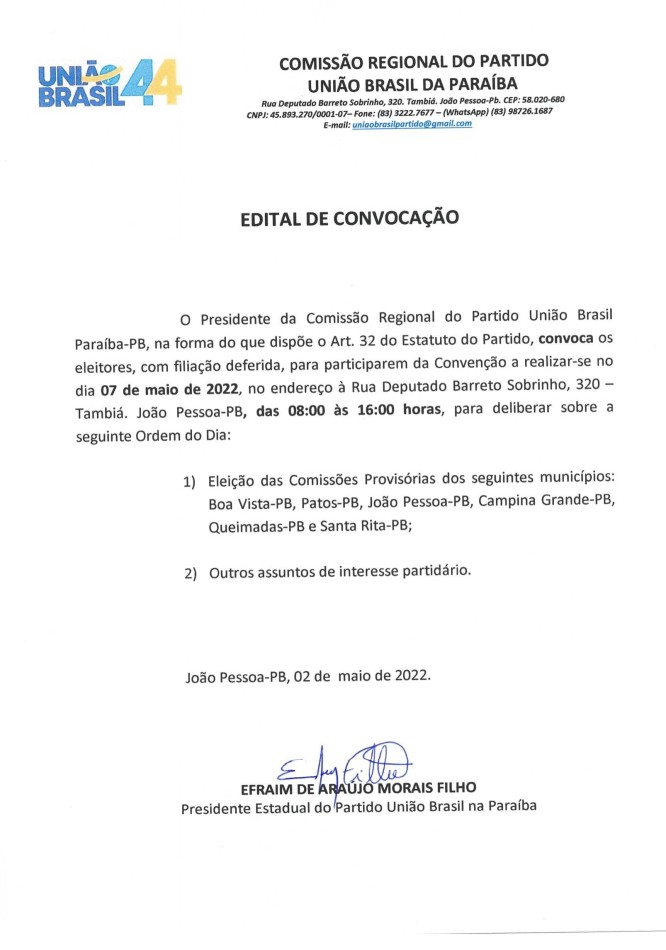 União Brasil da Paraíba – Edital de Convocação