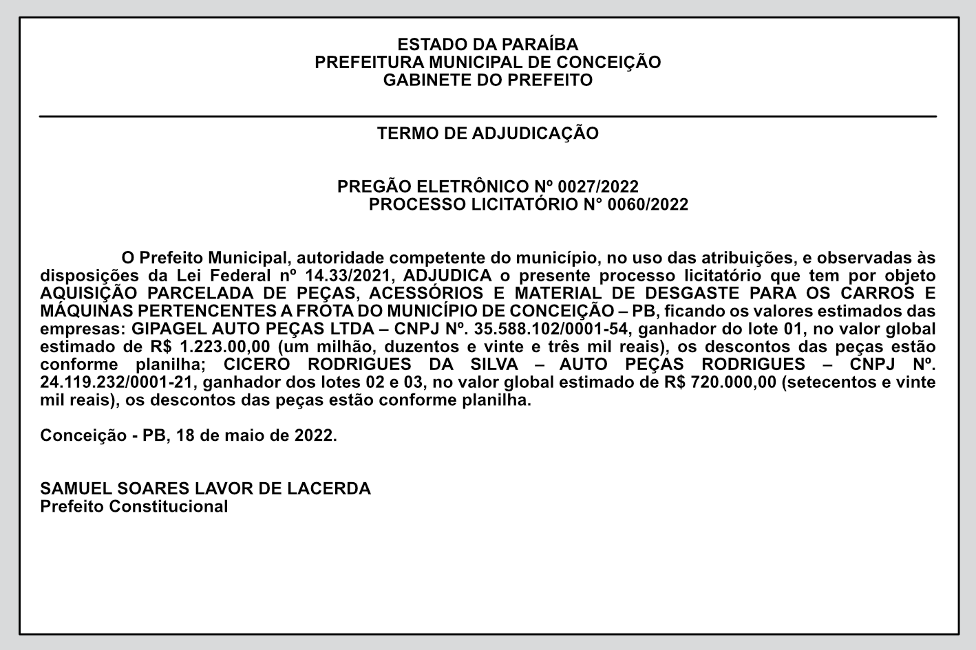 PREFEITURA MUNICIPAL DE CONCEIÇÃO  – TERMO DE ADJUDICAÇÃO – PREGÃO ELETRÔNICO Nº 0027/2022 – PROCESSO LICITATÓRIO N° 0060/2022