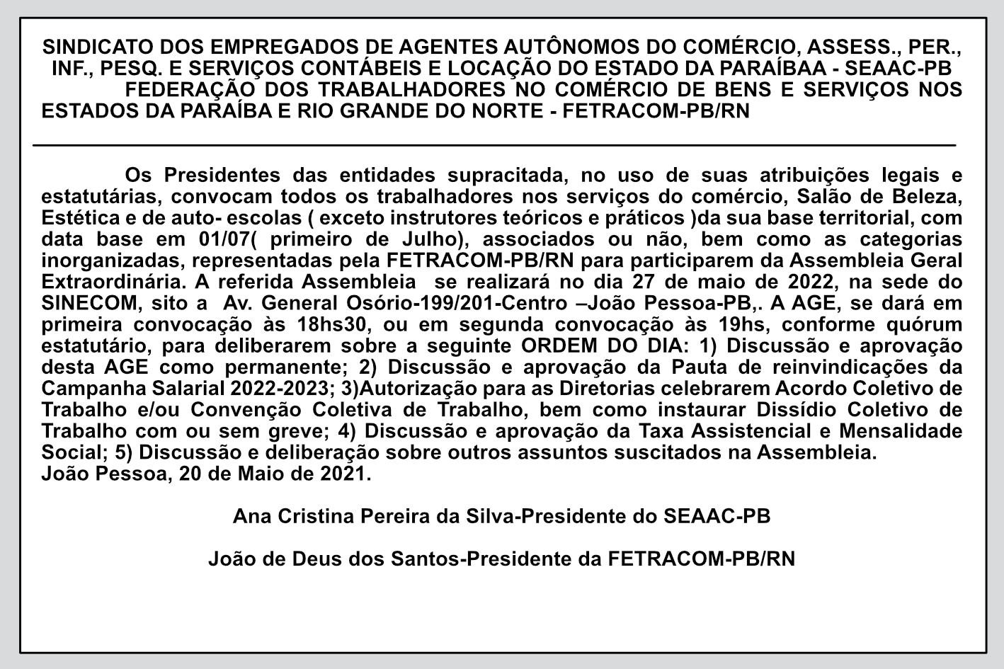 SEAAC-PB / FETRACOM-PB/RN – Edital de Assembleia Geral Extraordinária