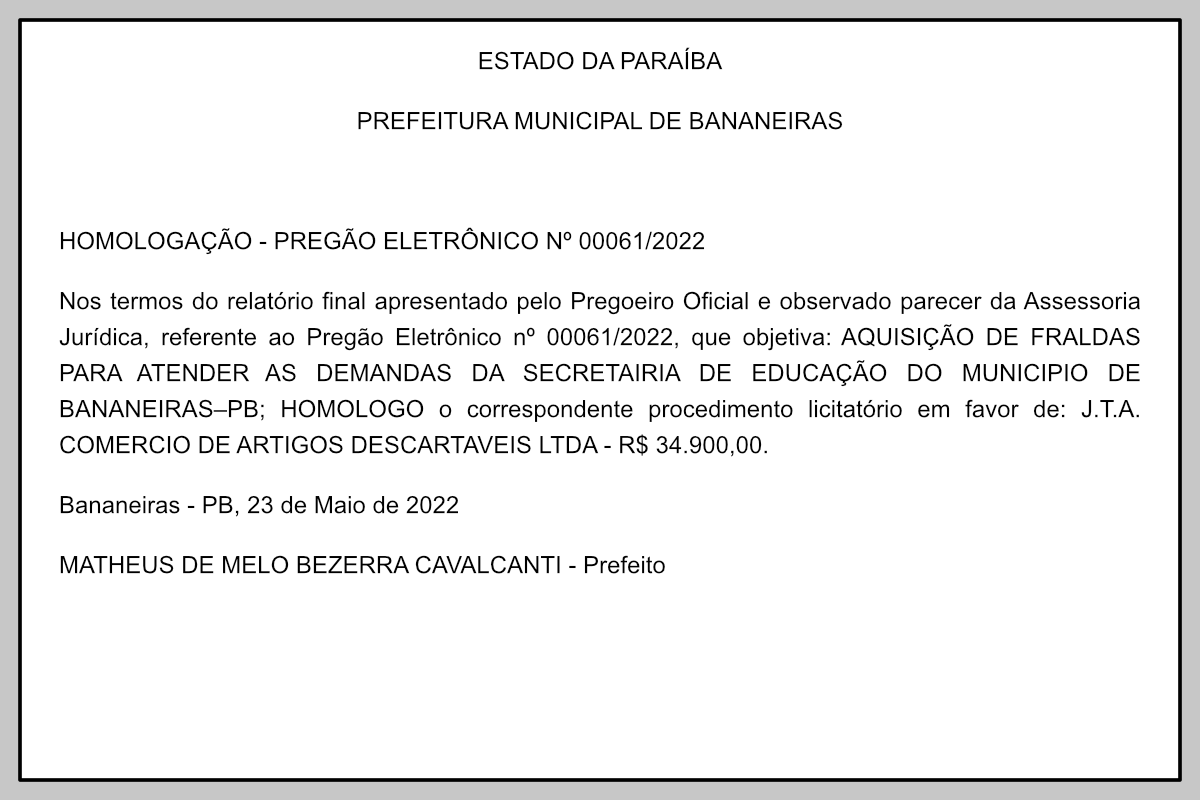 PREFEITURA MUNICIPAL DE BANANEIRAS – HOMOLOGAÇÃO – PREGÃO ELETRÔNICO Nº 00061/2022