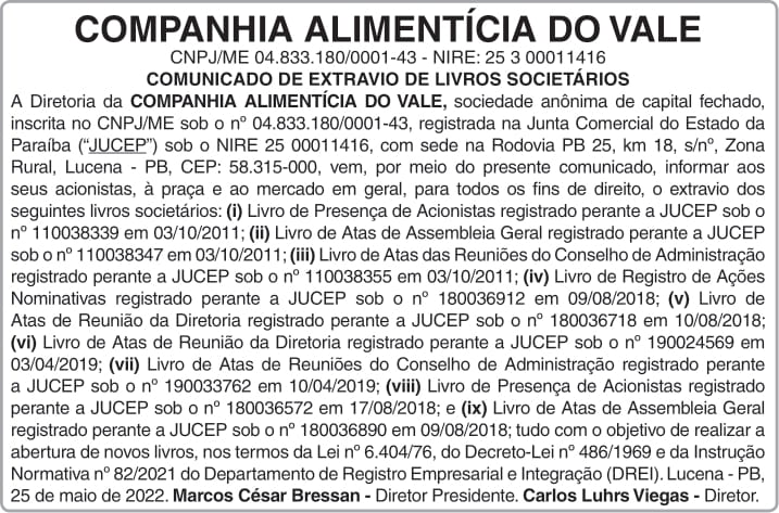 COMPANHIA ALIMENTÍCIA DO VALE – COMUNICADO DE EXTRAVIO DE LIVROS SOCIETÁRIOS