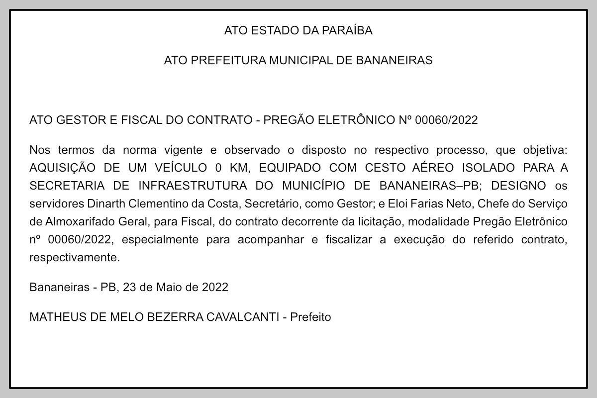 PREFEITURA MUNICIPAL DE BANANEIRAS – GESTOR E FISCAL DO CONTRATO – PREGÃO ELETRÔNICO Nº 00060/2022