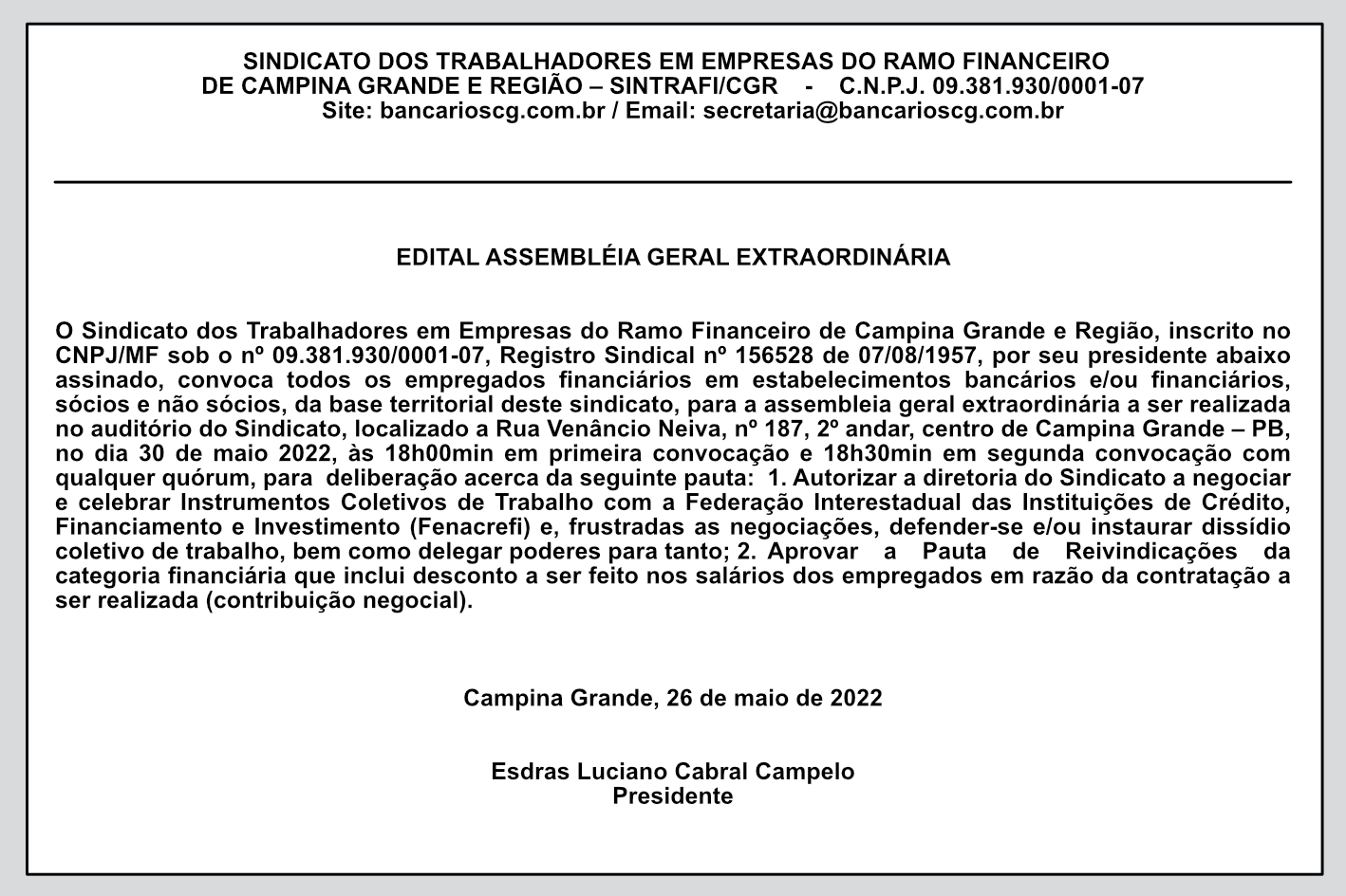SINTRAFI/CGR – EDITAL ASSEMBLEIA GERAL EXTRAORDINÁRIA
