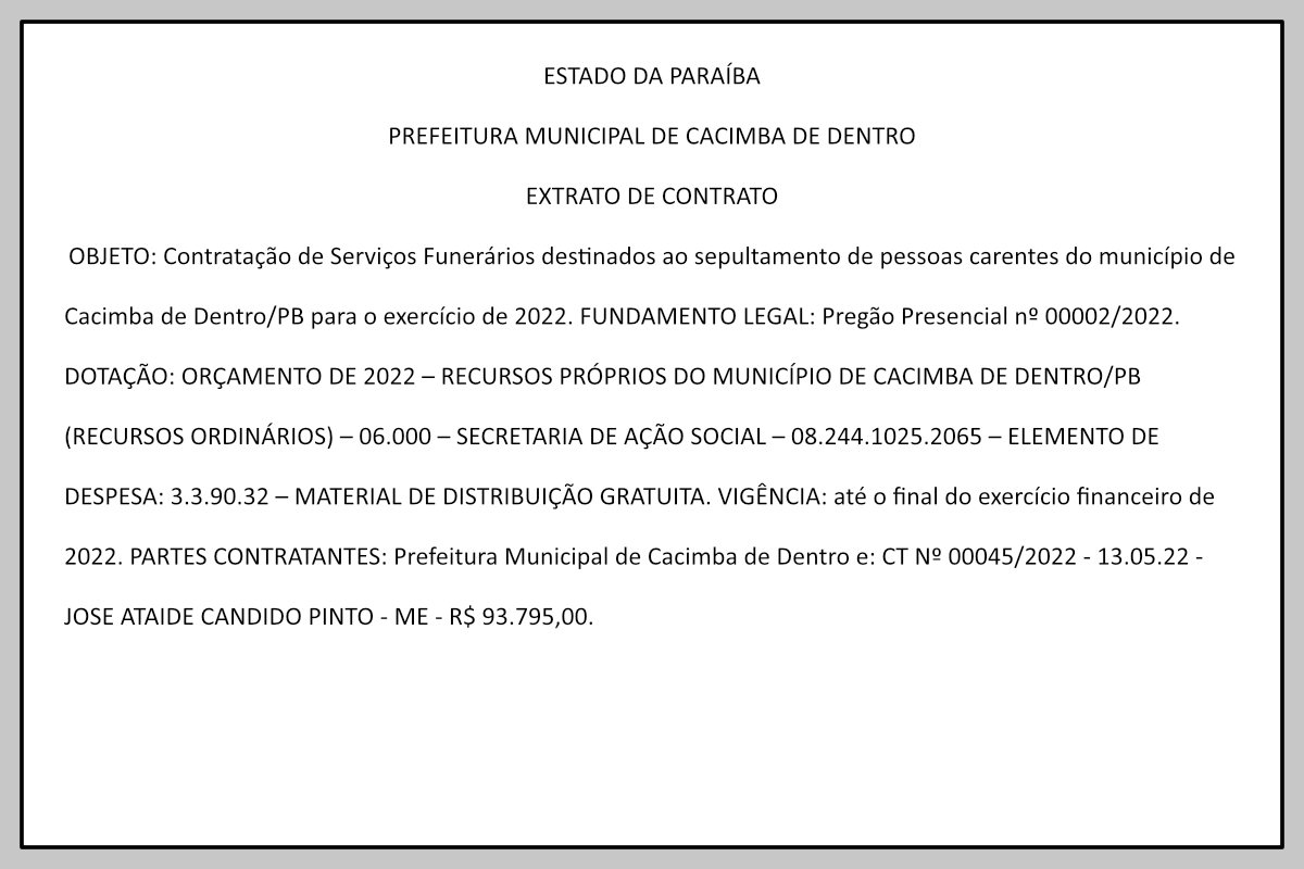 PREFEITURA MUNICIPAL DE CACIMBA DE DENTRO  – EXTRATO DE CONTRATO